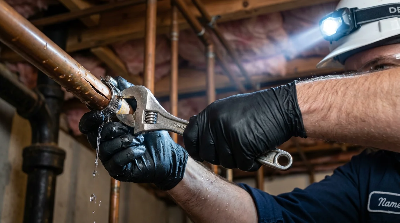 Emergency pipe clamp repair being performed by a Johns Plumbing LLC plumber in Miami Gardens