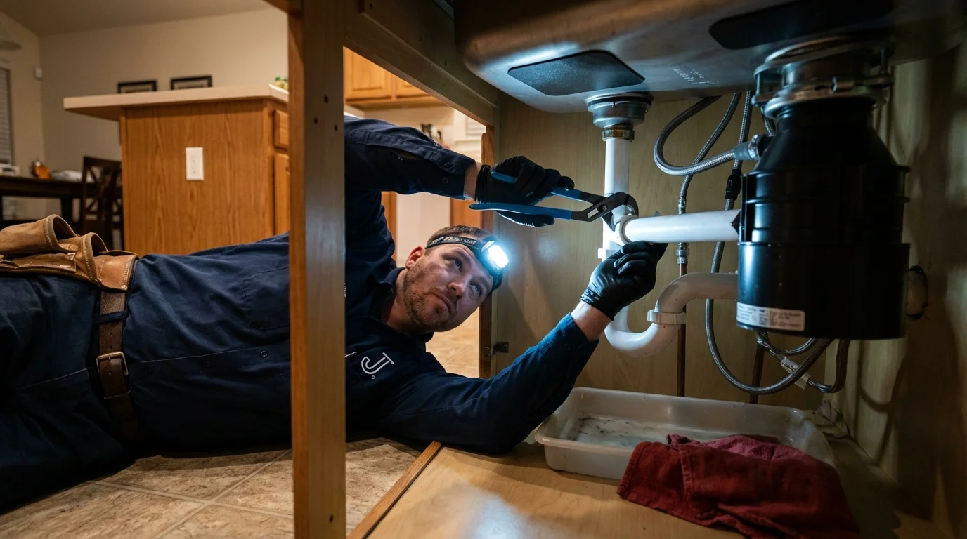 P-trap and supply line connections under a kitchen sink showing a common leak point in Miami Gardens, FL